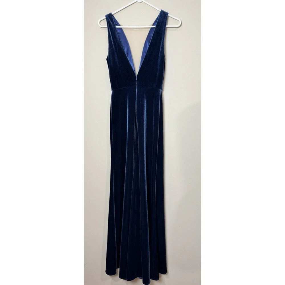 Jenny Yoo Velvet‎ Plunge Gown Womens Sz 0 Navy Blue Formal Maxi Bridesmaid Dress